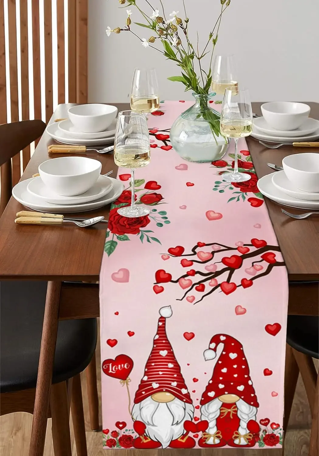 Valentine's Day Love Gnome Linen Table Runner Wedding Party Decor Durable Rose Tree Pink Kitchen Dining Table Runner Table Decor