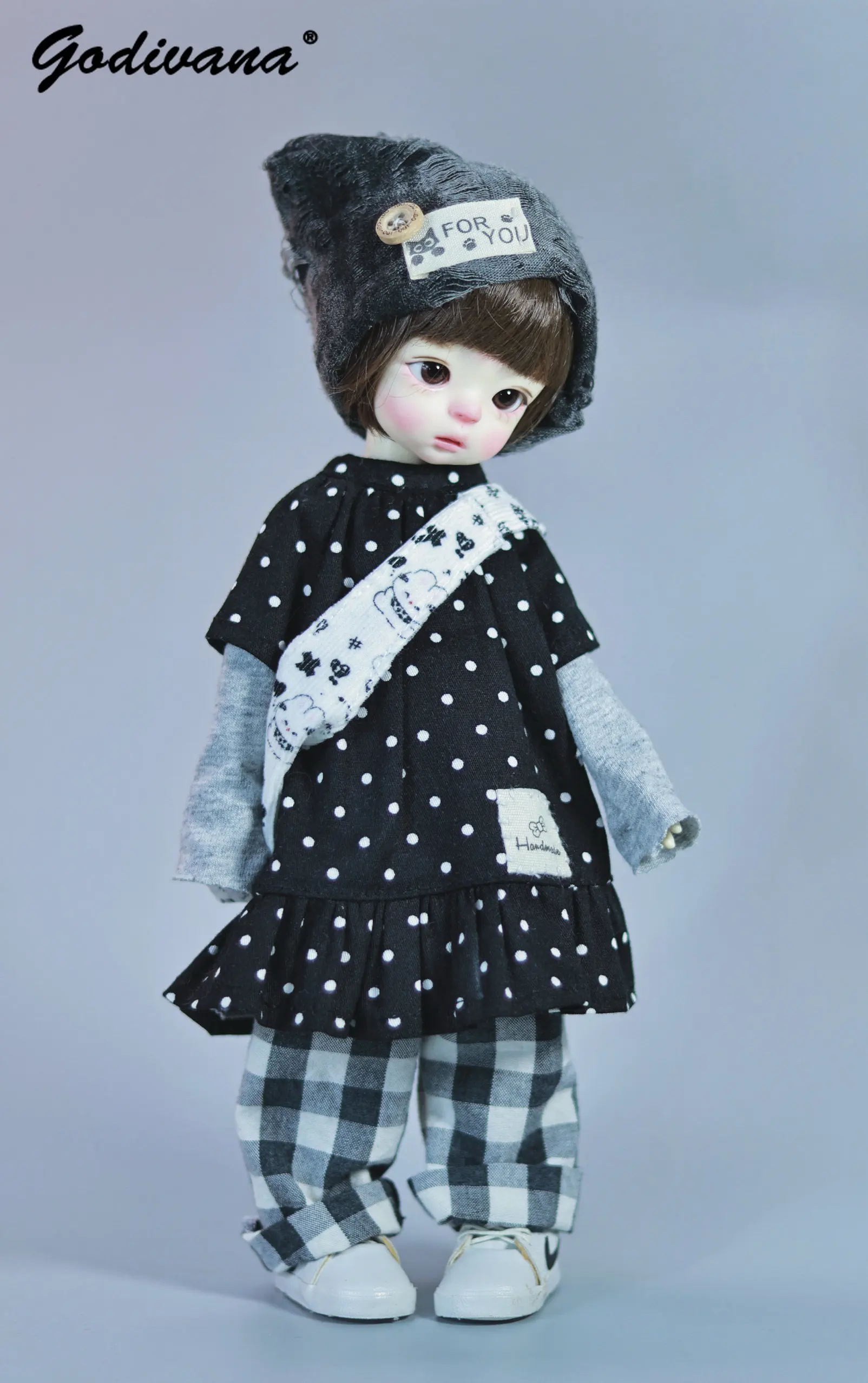Small 1/6 Regular 1/6 BJD Doll Clothes Subculture Girly Casual Suit Polka Dot Ruffle Trim Long Top with Plaid Pants and Hat Sock