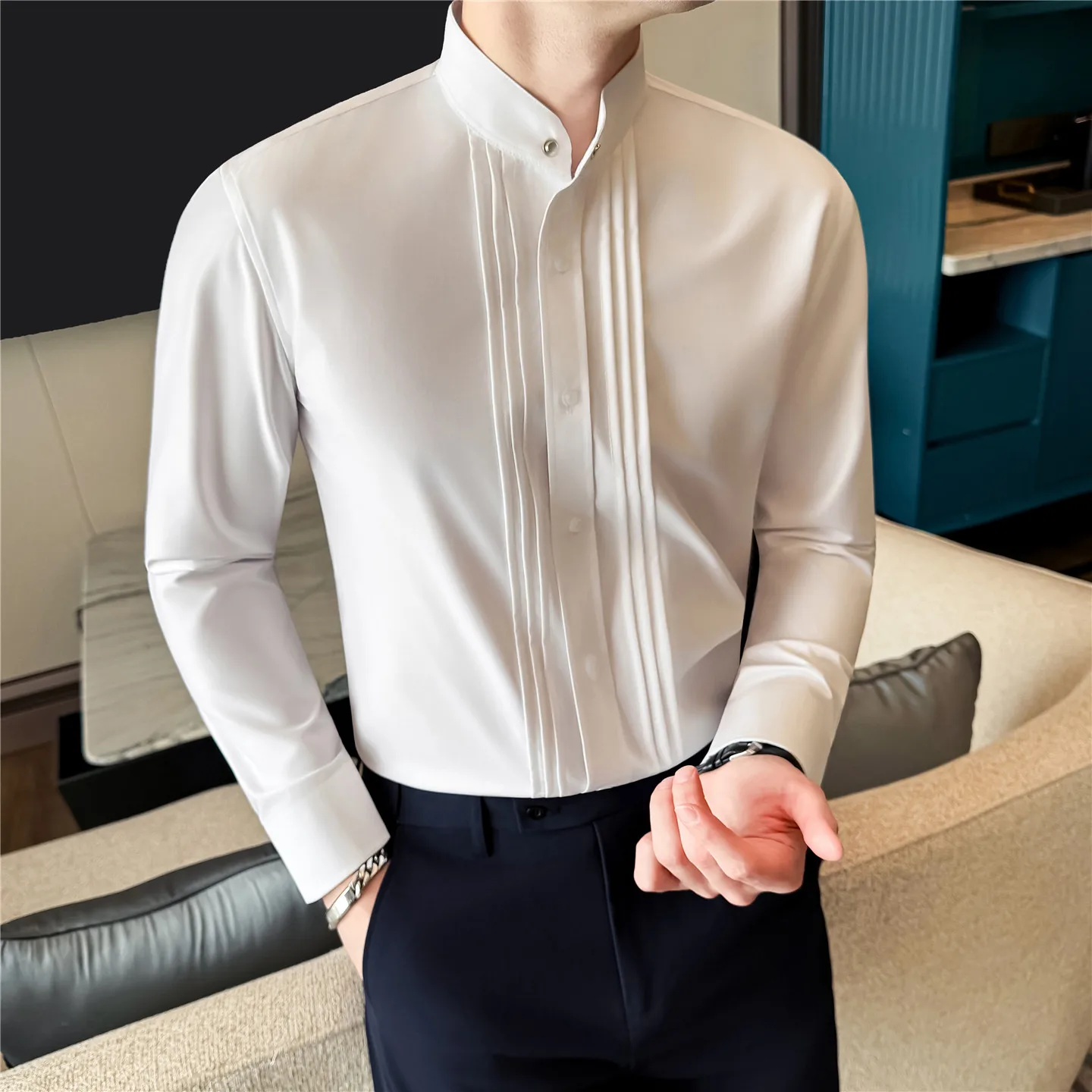 

High Quality Stand Up Collar Shirt Men's Long Sleeved Pleated Design Business Casual Shirt Slim Social Party Work Uniform Shirts