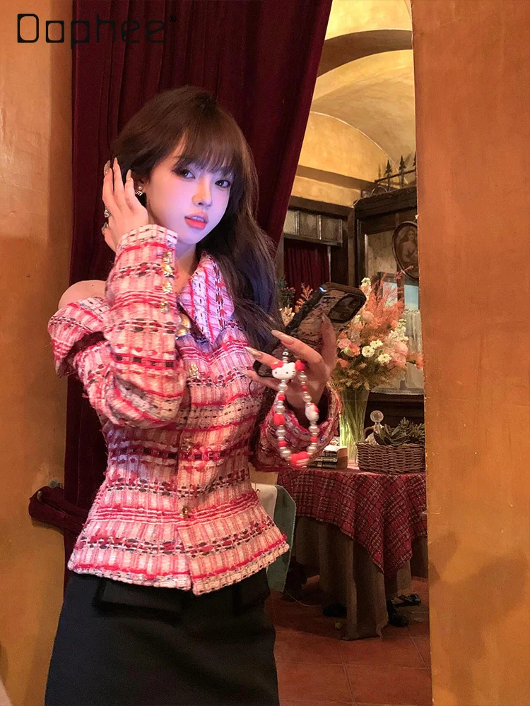 Korean Sweet Celebrity Temperament Off Shoulder Lapel Jacket Fashion Commuter Splicing Color Single-breasted Short Tweed Jackets