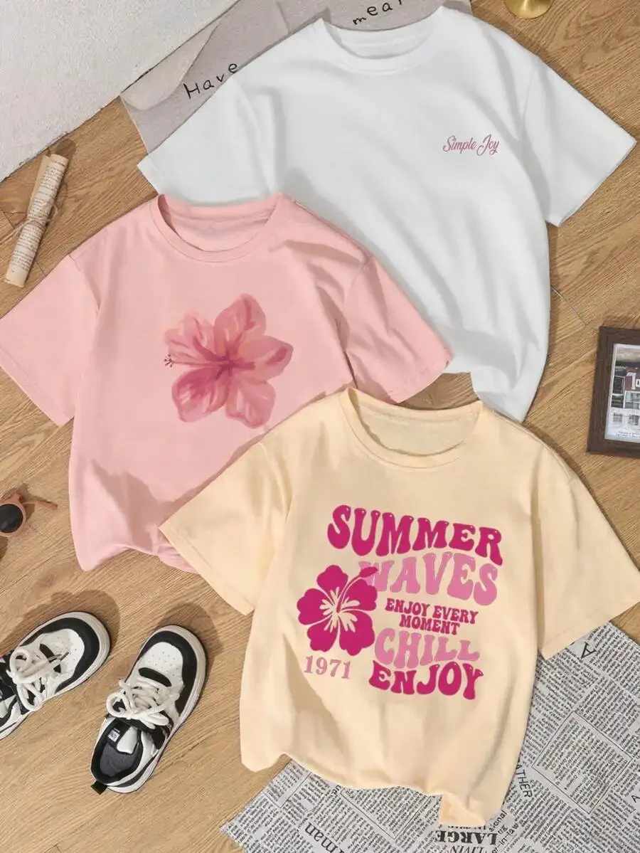 2026 Fashion New Women 3Pcs Multipack Crew Neck Short Sleeve T-Shirt, Retro Hibiscus Floral & Summer Waves Graphic Print, Coconut Girl Y2K Aesthetic Summer Casual Basic Top Tee