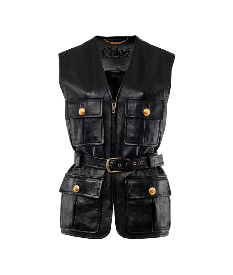 Streetwear Dames Vest Schapenvacht Jas Moto Biker Mouwloos Leren Jack V-Hals Met Zakken Vest Dames Casual Vest