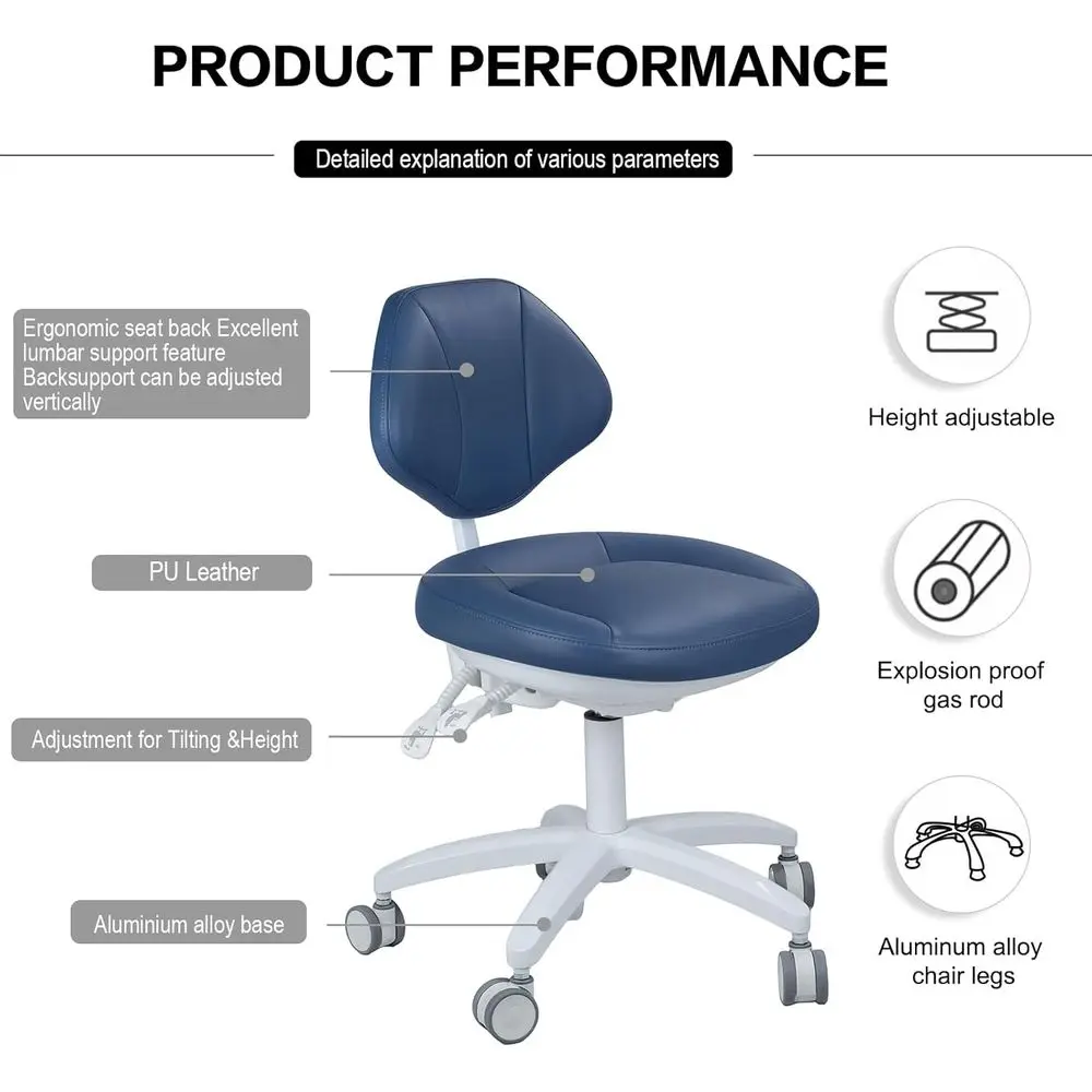 Cadeira dentária de couro de microfibra ajustável com suporte traseiro para médicos