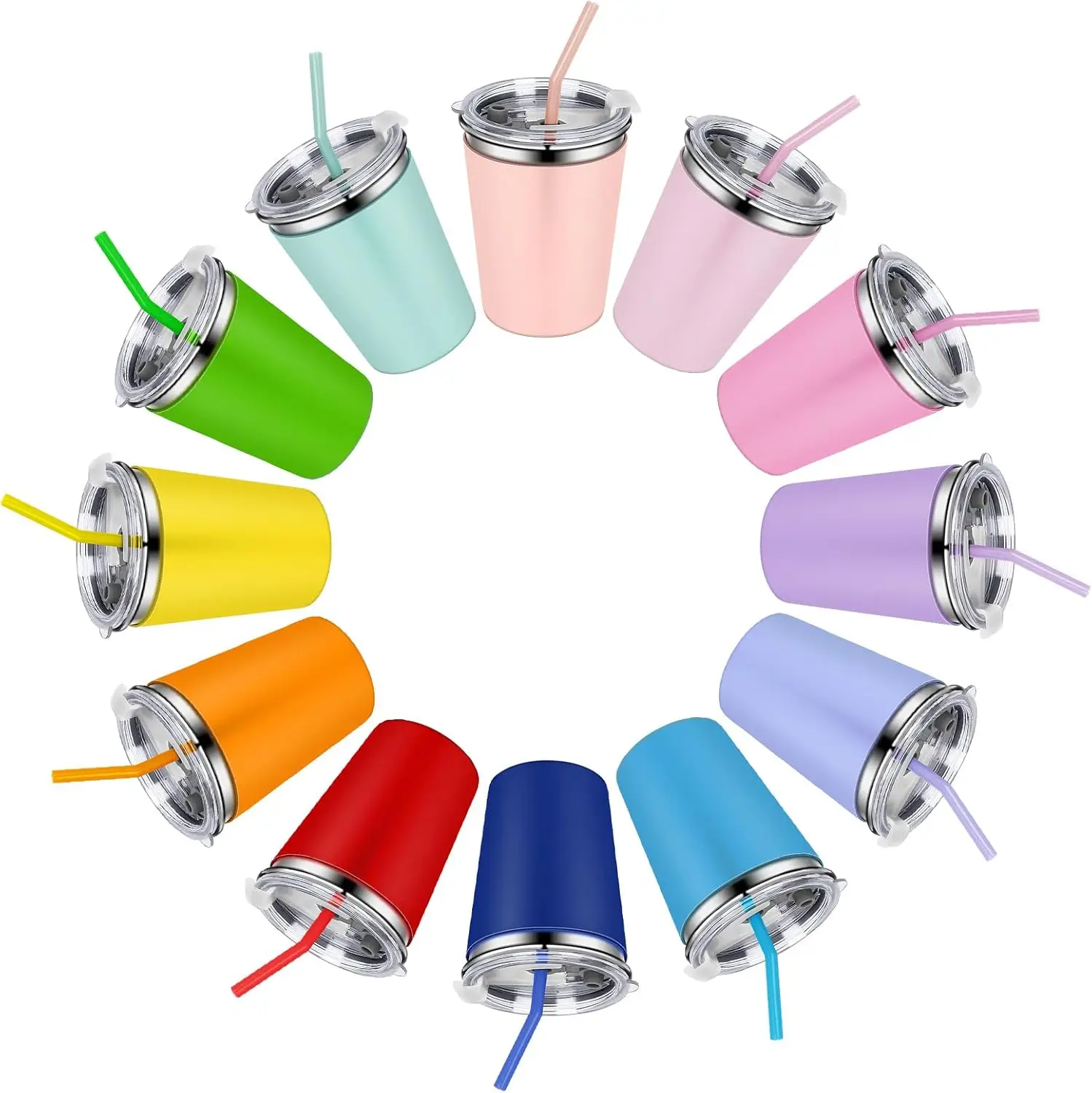 

12-Pack Stainless Steel Kids Cups with Straws, Leakproof Lids & Colorful Sleeves for Toddlers and Adults