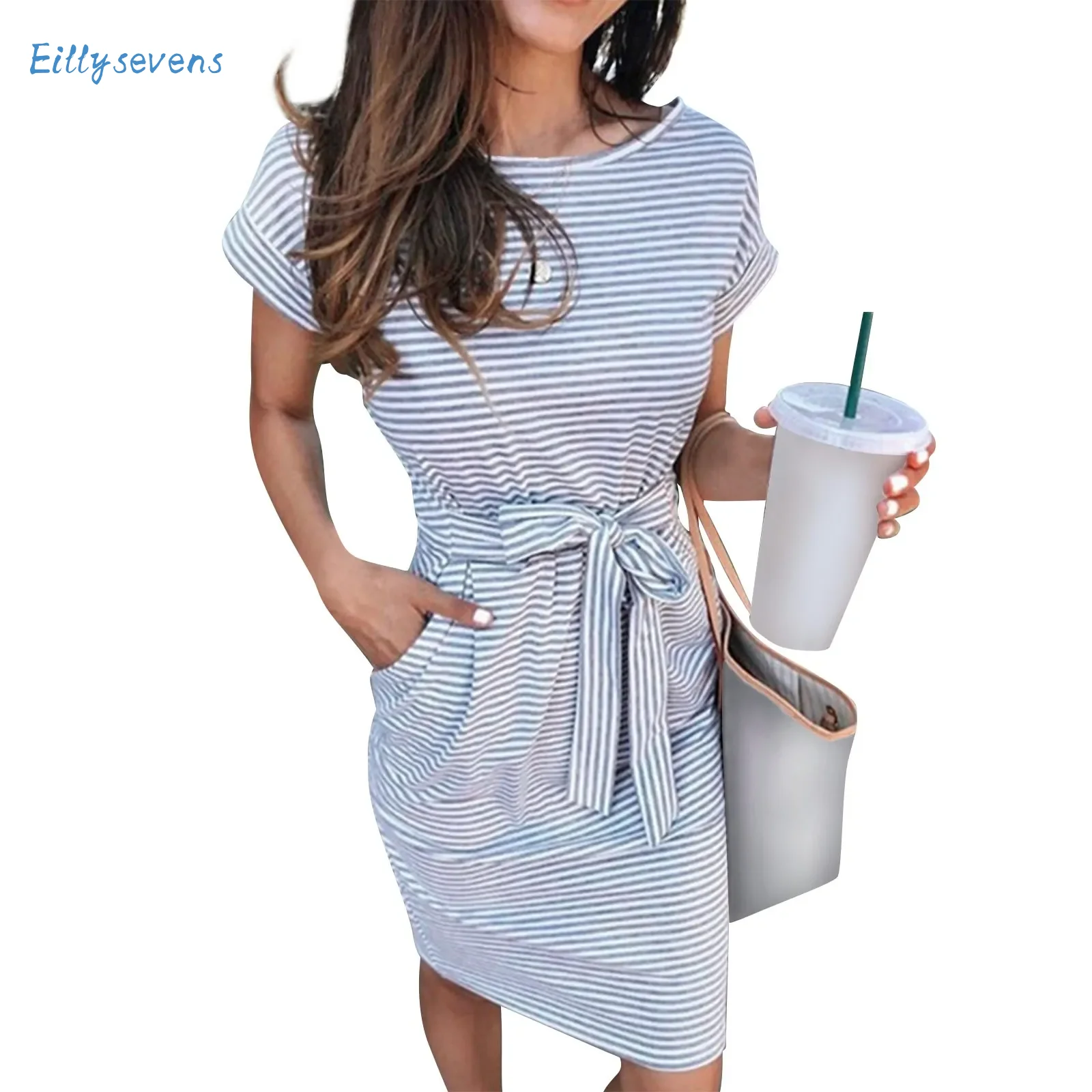 

Ladies Striped Dress Casual Simple Round Neck Short Sleeve Tunic Dresses With Belt Daily Commute Fitting Dress With Pockets