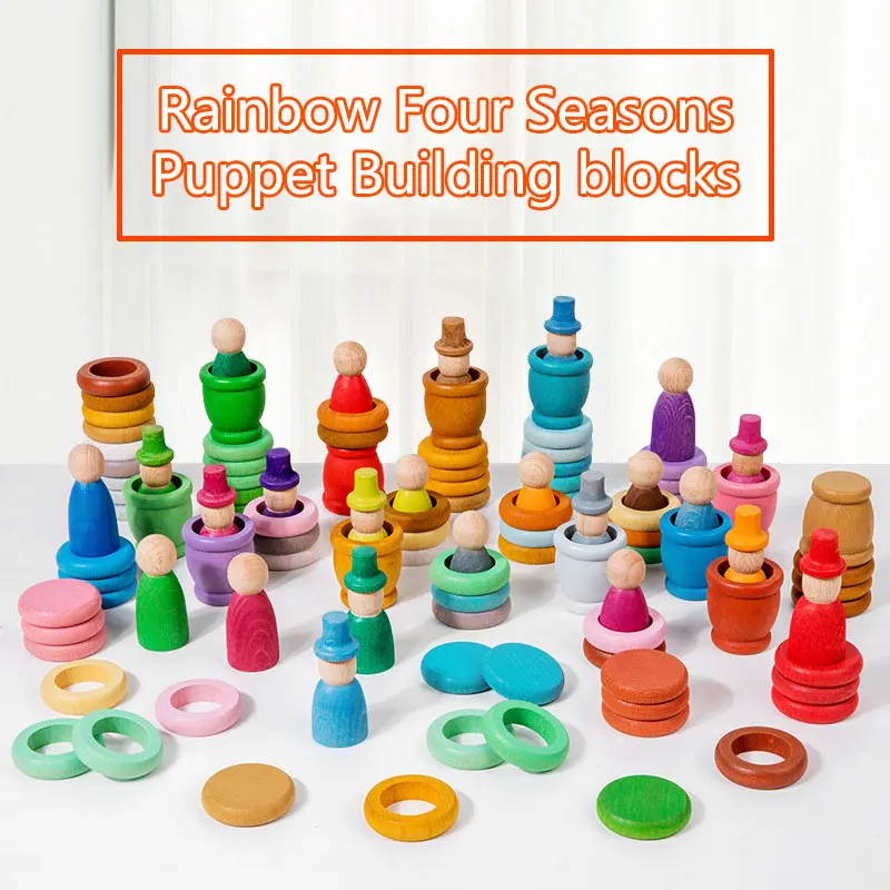 Montessori Rainbow Building Blocks Children Toys Beech Wooden Four Seasons Theme Cups Stacked Construct Puzzle Game Sensory Toys