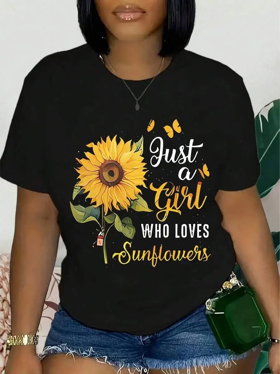 Just A Girl Who Loves Sunflowers Print Round Neck Short Sleeve Casual T-Shirt For Women