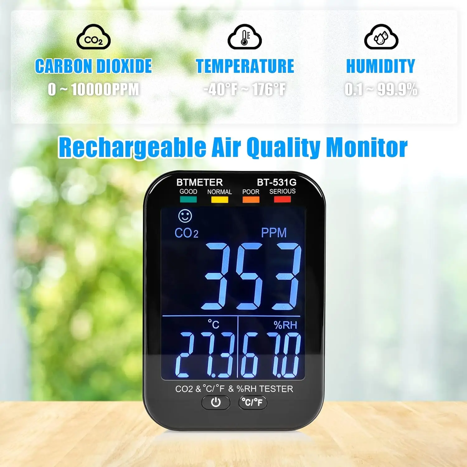 BTMETER Portable CO2 Air Quality Monitor - NDIR Sensor with Alarm, Measures Carbon Dioxide, Humidity, and Temperature for Indoor