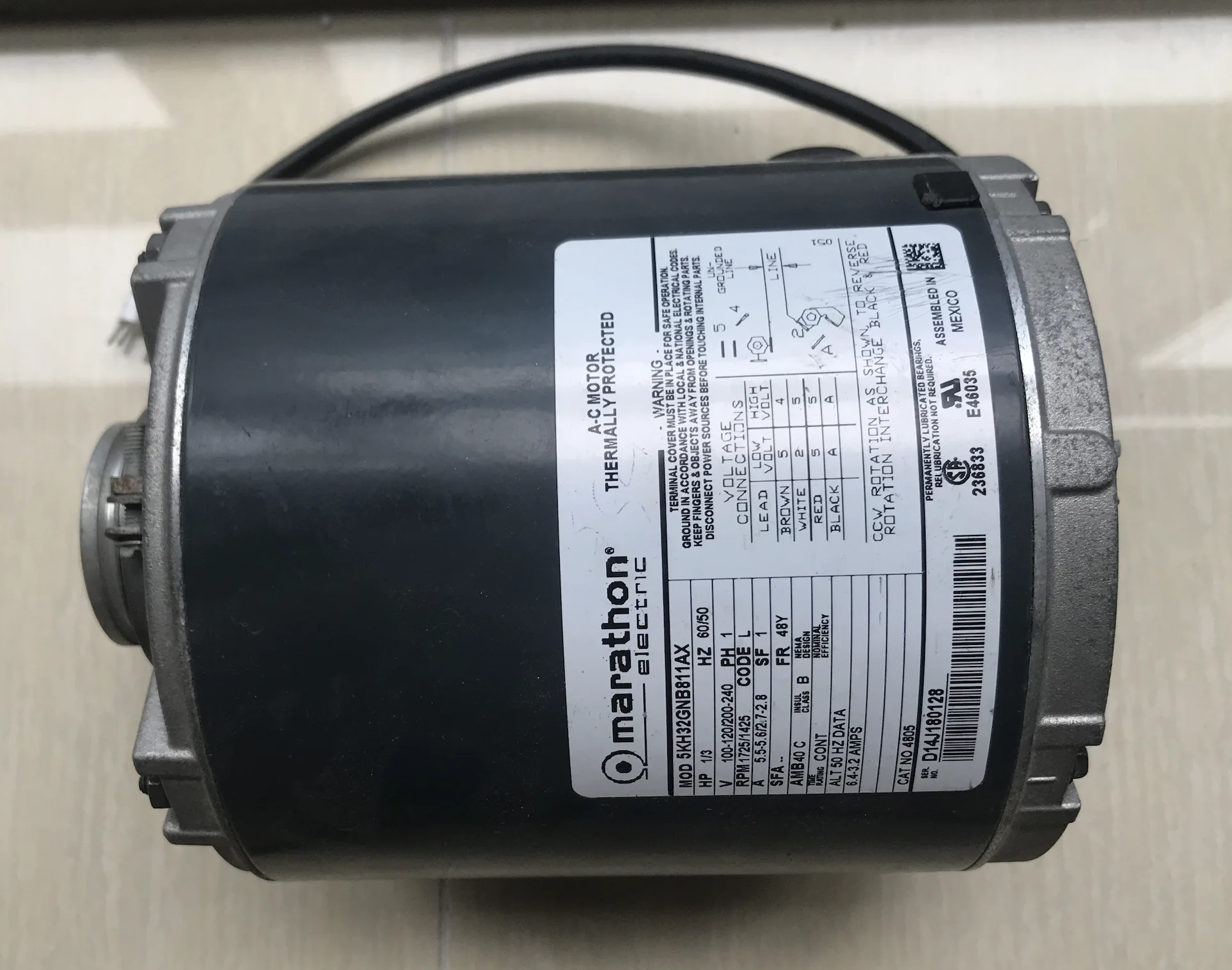 Marathon Motors PROCON 5KH32GNB811AX Carbonator Pump Motor,1/3 Hp,