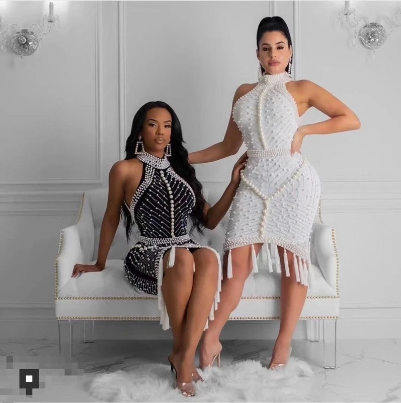 Robe de soirée Sexy en perles blanches et noires, robe à bandes perlée avec franges, Costume de danse de chanteur pour spectacle en boîte de nuit