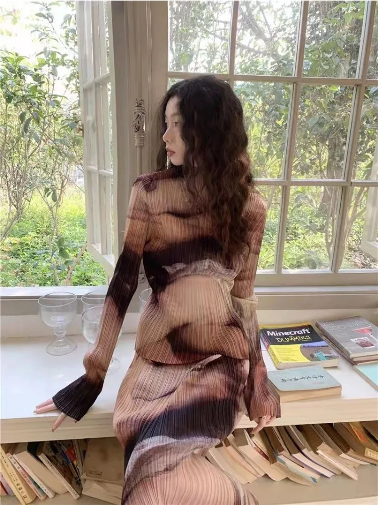 

Роскошный винтажный комплект в стиле Харадзюку из 2 предметов: женская блузка с длинным рукавом и воротником-стойкой, плиссированная юбка, градиентный цвет, весенне-летний наряд