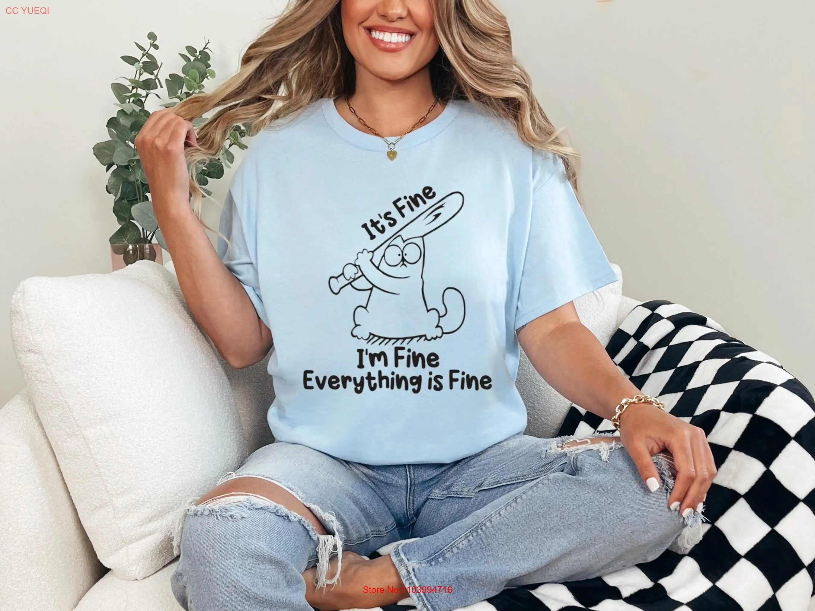 

It's Fine I'm Everything Is T Shirt CaT Motivational Positivity IntroverT Mental long or short sleeves