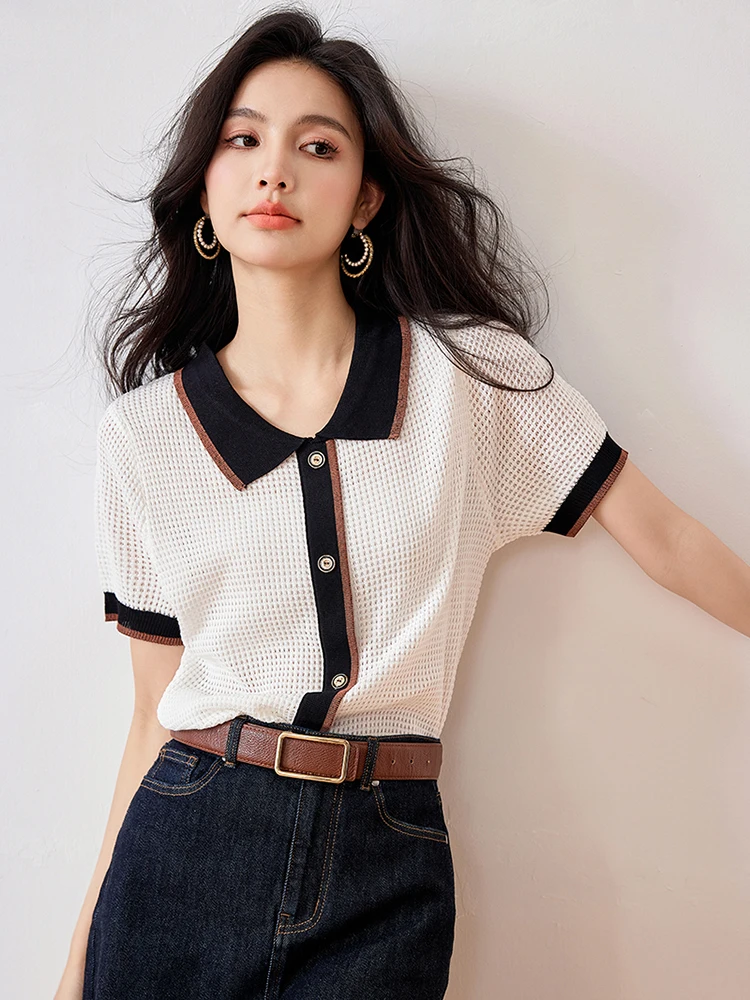 Women Summer Knit Top Short Sleeve Lapel Collar Elegant Thin Loose Sweater Top Lady Pullover Knitwear T-Shirts