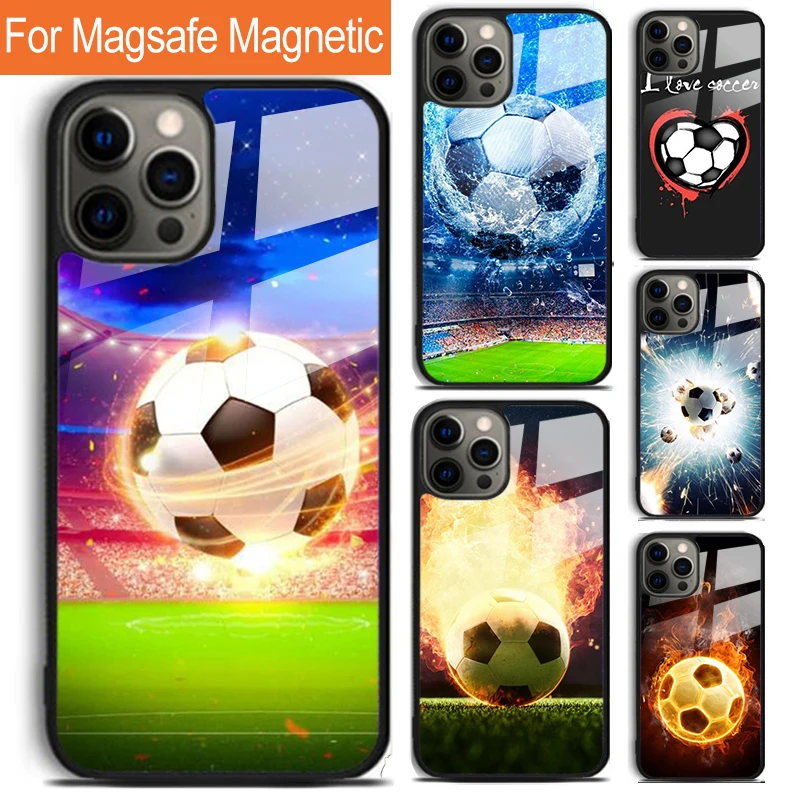 Fire Football Soccer Ball Phone Case For iPhone 16 15 14 13 12 11 Pro Max Plus Magsafe Magnetic Wireless Charging Cover