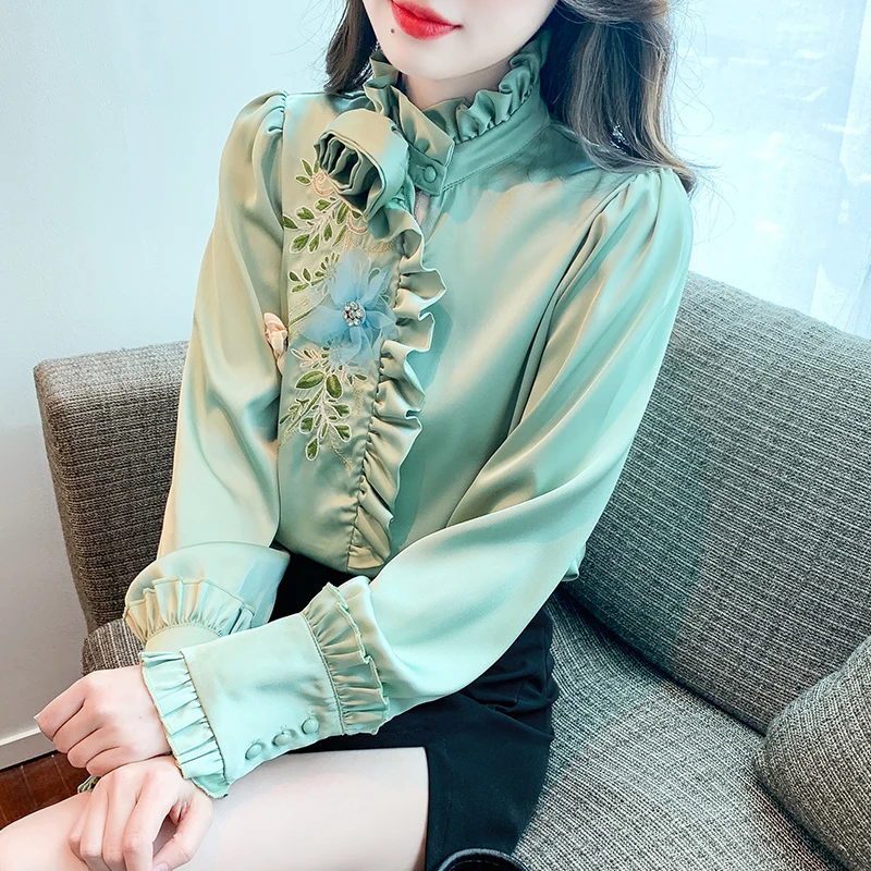 2024 Spring Fall Women Ruffled Appliques Flower Embroidery Green Imitation Silk Top Shirt , Woman Sweet Ladies Tops Shirts