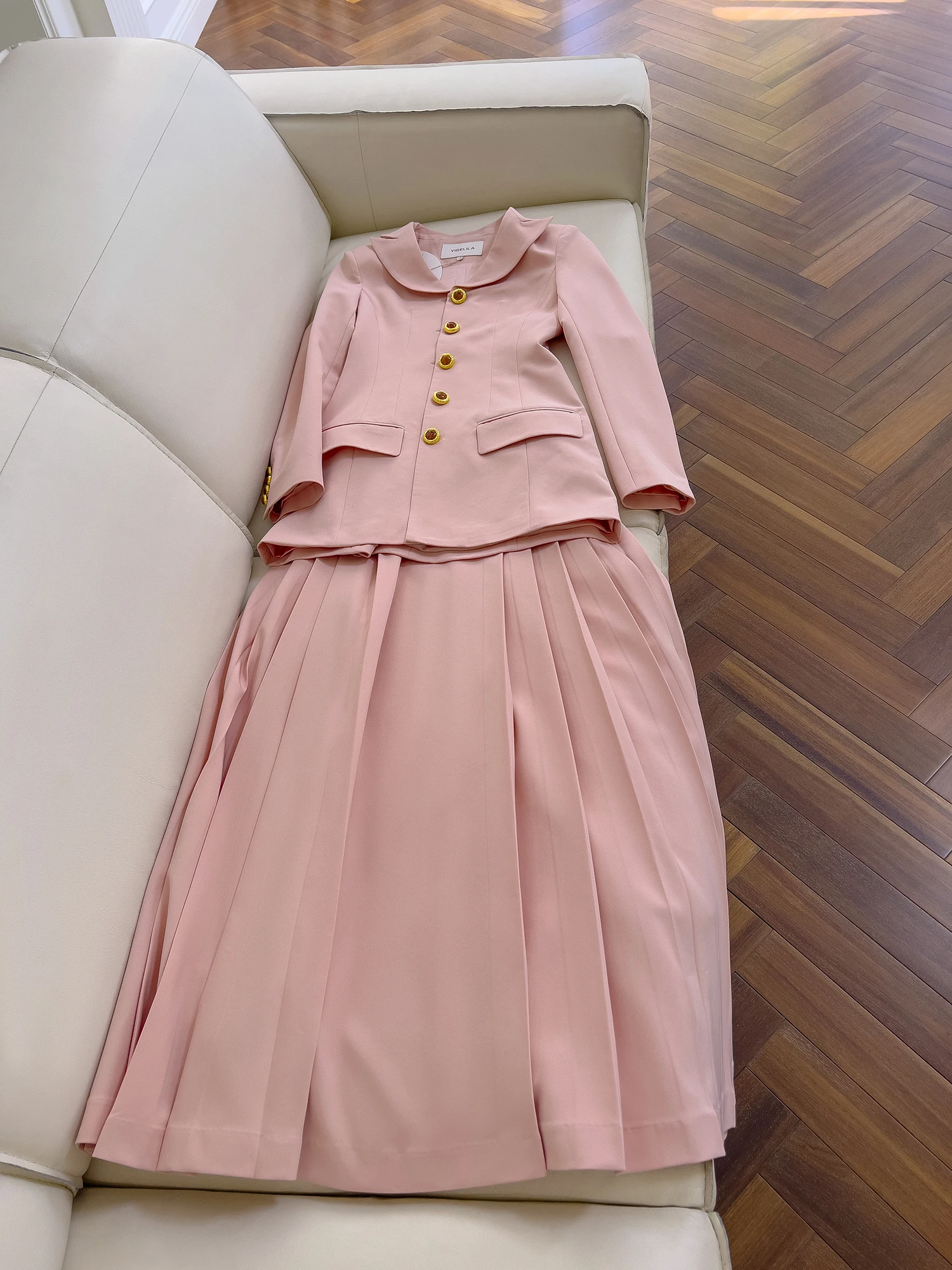 ชุดสูทสีชมพู Ele พร้อมชุดเดรสเอวสูงแบบมีซิป แฟชั่นชุดสองชิ้นสำหรับผู้หญิง