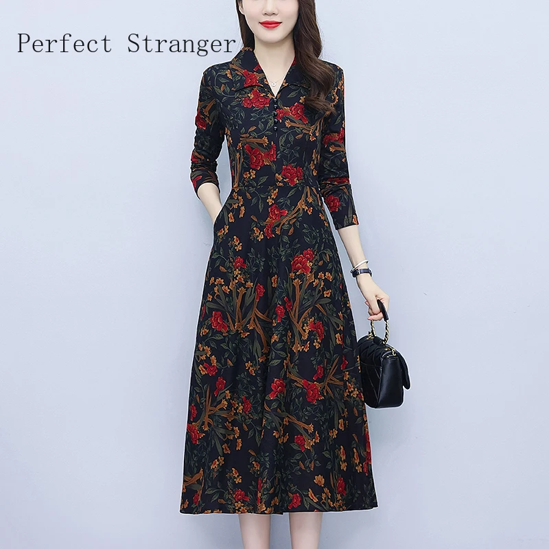 2024 Autumn New Arrival Elegant Turn down Collar Long Sleeve Flower Printed Long Dress For Women Large Sizes