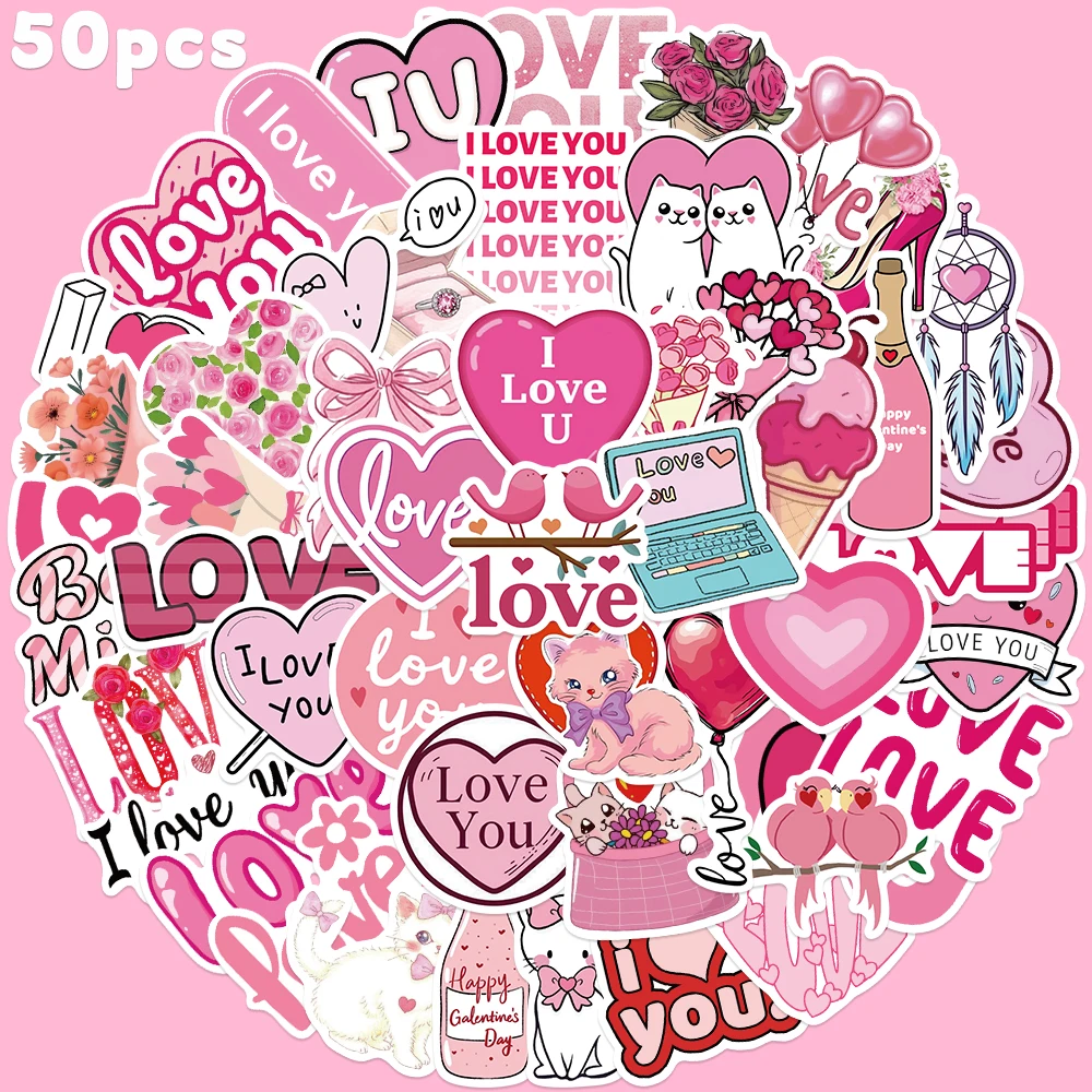 50 Stück rosa Valentinstag Liebe Aufkleber ästhetische Graffiti Aufkleber für DIY Laptop Gitarre Scrapbook Briefpapier Telefon PVC Aufkleber