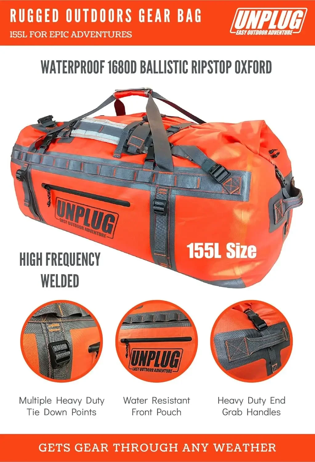 UNPLUG Ultimate Adventure Bag -1680D Duty Waterproof Travel Duffel Bags for Camping, Motorcycle Dry Bag, Waterproof Bags f