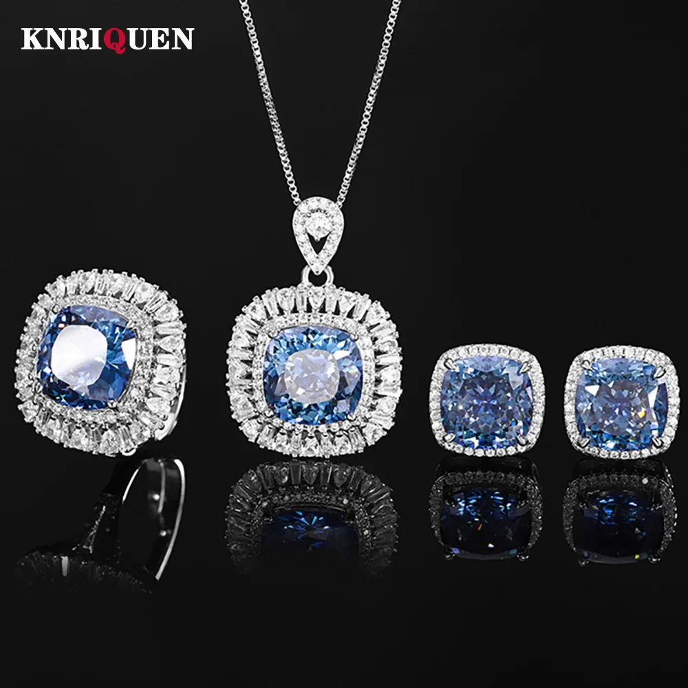 

New Vintage 12*12mm Sapphire Gemstone Necklace Pendant Ring Earrings Wedding Party Fine Jewelry Set for Women Accessories Gift