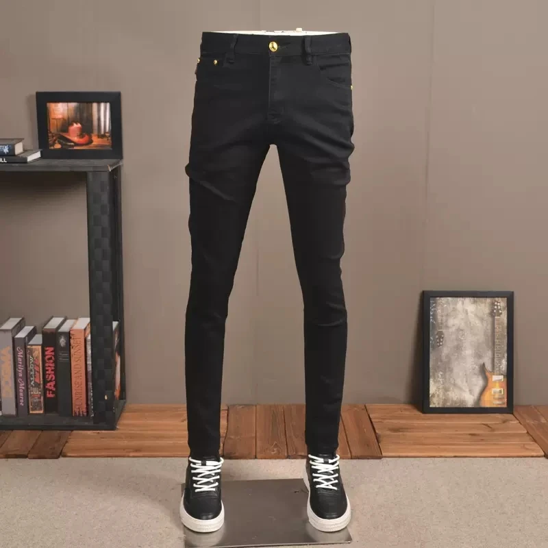 Pantalones vaqueros negros para hombre, ropa de calle ajustada y recta, estilo coreano, elásticos, a la moda, CP2032