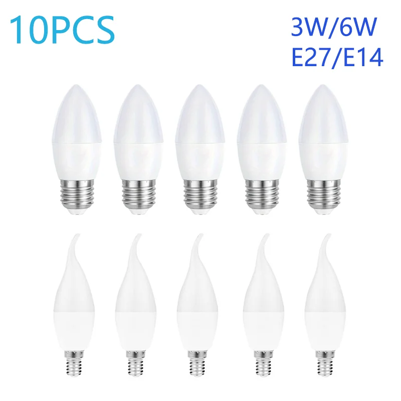 10PCS LED Candle Bulb AC220V 3W 6W E27 E14 PC Material Energy Saving CRI85 For Home Bedroom Kitchen Garden Lighting Chandelier