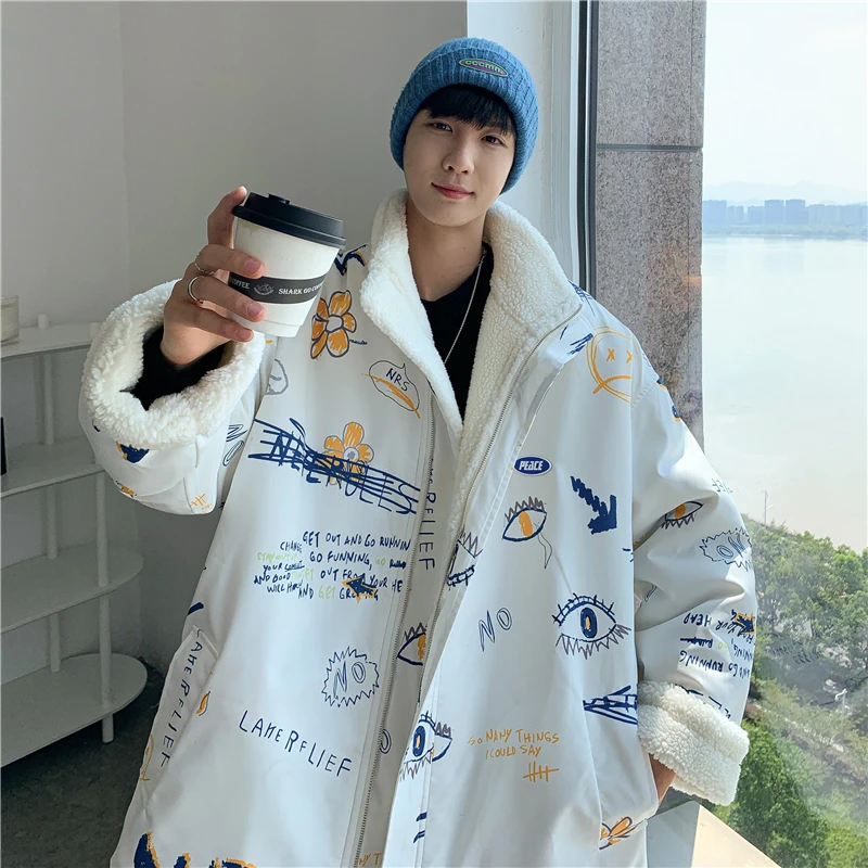 

Double-Sided Wear Lamb Fur Jaet Men's Winter Thiened Warm Cotton Coat Youth Cotton Clothes Trendy Lamb Fur Cotton Padded