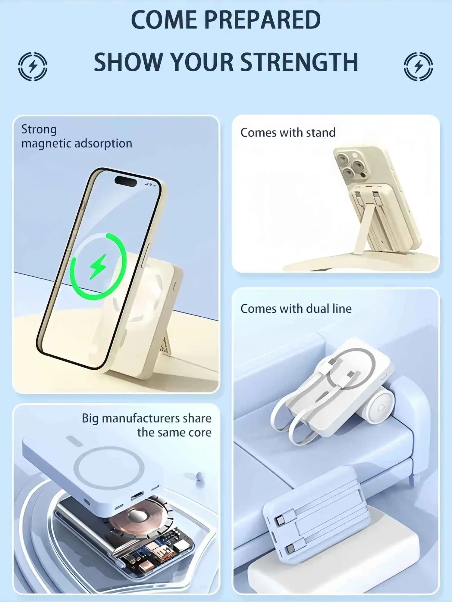 10000mAh Magnetic Power Bank Portable Charger with Cable and Stand, PD20W 22.5W Fast Charging Battery Pack