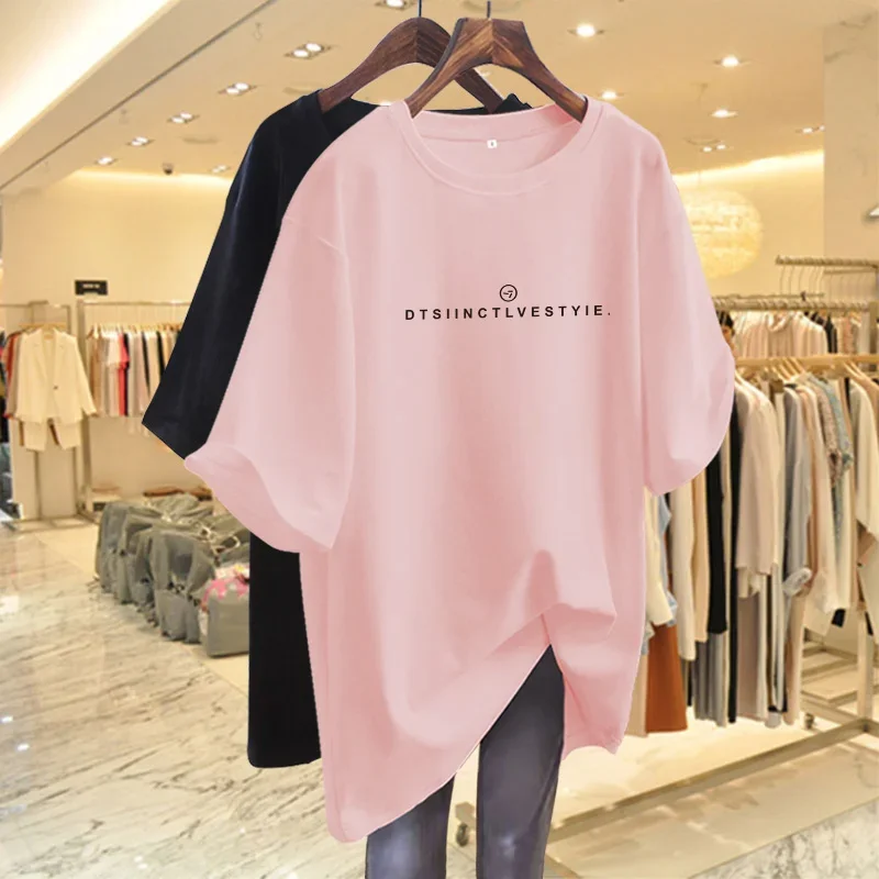 Female Tees O-neck Women Basic Letter T-shirt Summer Casual Pure Cotton Pullovers Top