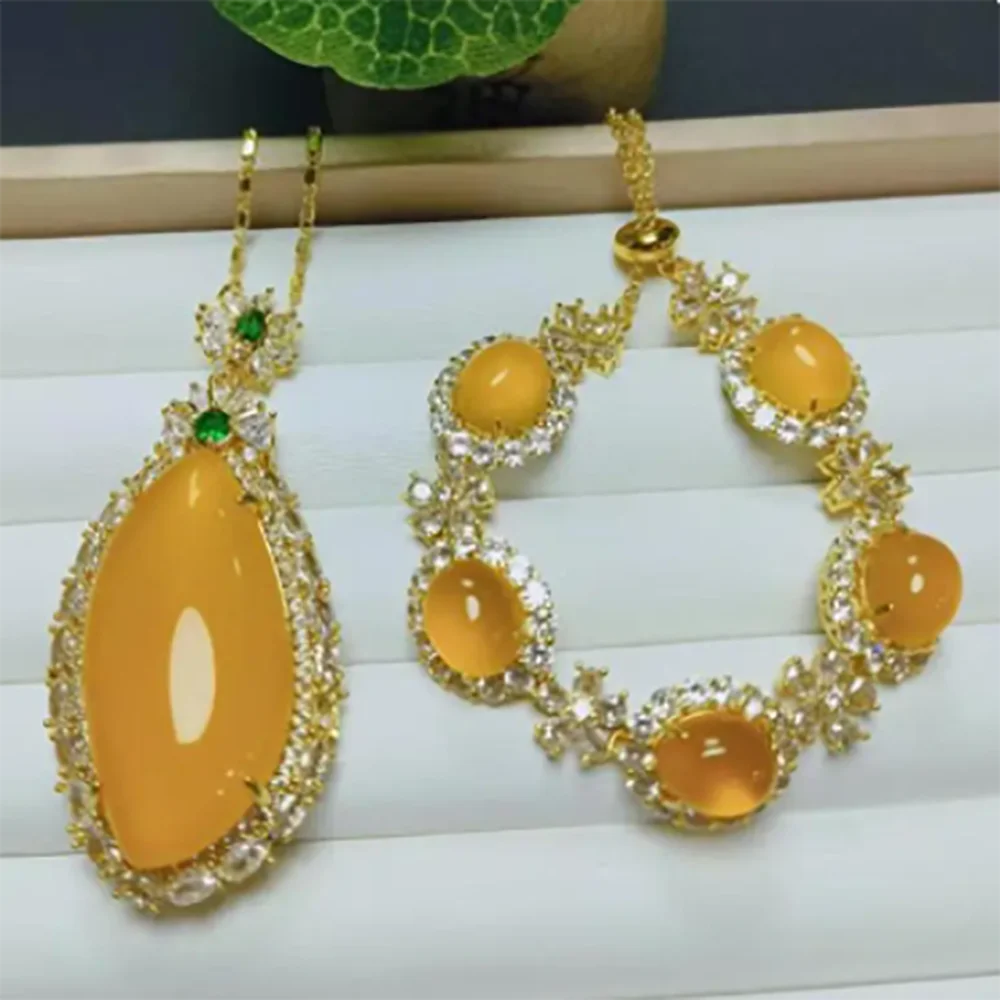 Women Yellow Jade Jewelry Set With Emerald Zircon Myanmar Jadeite Leaf Pendant Necklace And Bracelet Luxury Jades Jewelries Sets