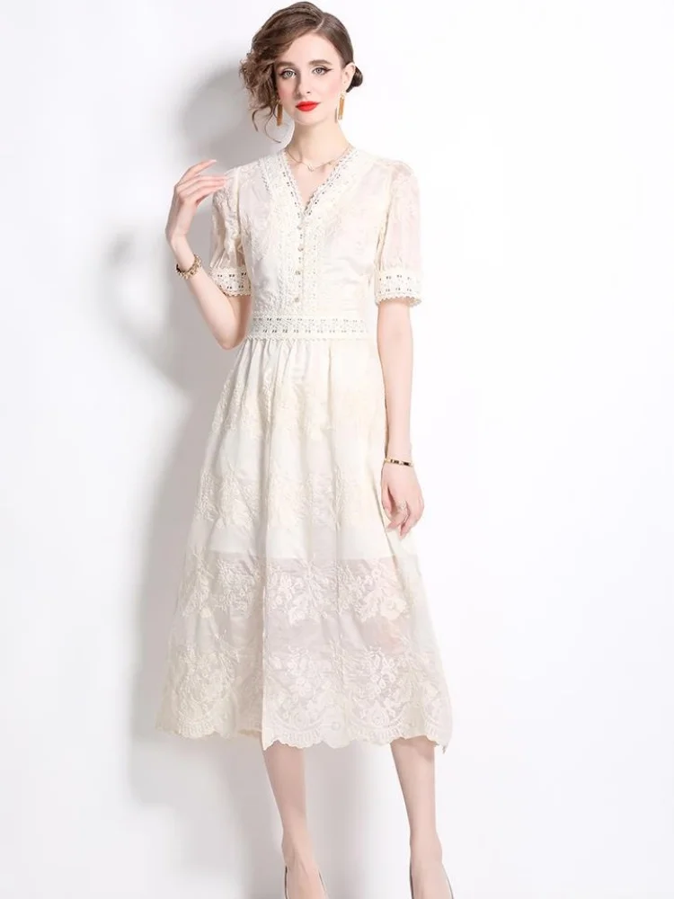 

SMTHMA New Summer French Fashion Style Embroidered Lace Dress Women's Short Sleeves V-Neck Slim Waist Long Dresses