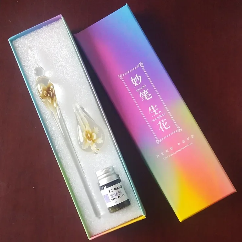 مجموعة أقلام زجاجية مدمجة على شكل زهرة، قلم غمس ملون، صندوق هدايا بائع الشوارع، قلم توقيع، هدية قلم زجاجي