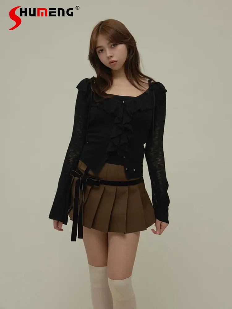 

Summer New Hot Girls Brown Mini Skirt Japanese Style Women's High Waist Slim Elegant Short Pleated Skirt Ladies Fashion Skirts