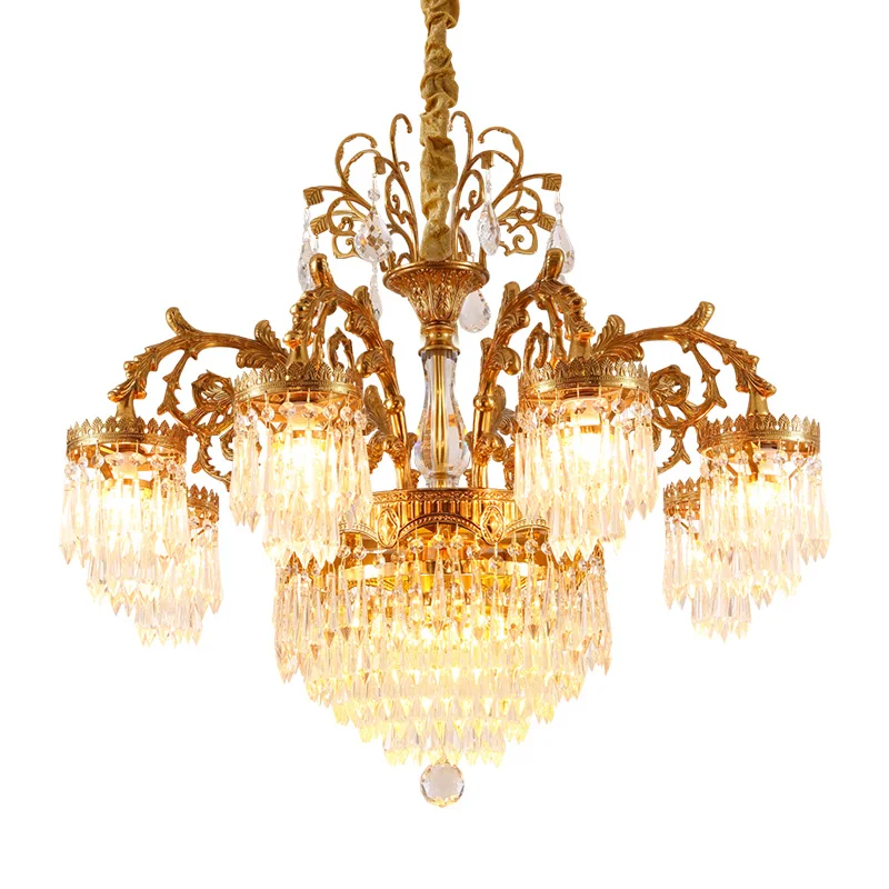 DINGFAN French Full Copper Crystal Chandelier European Style Villa Duplex Building Large Living Restaurant Luxury Pendent Light