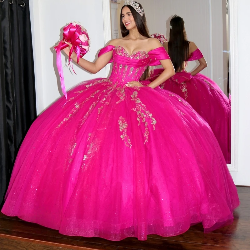 

Розово-красное платье Quinceanera, бальное платье с открытыми плечами, аппликация с блестками, кружево, бисер, хрустальный бант, тюль, милое платье 16, Vestidos 15