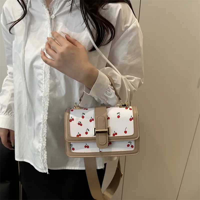 Cherry Printed Messenger Bag Cute Splicing Design Contrasting Color Fresh Style Simple Handbag Shoulder Bag for Women Girls view 2
