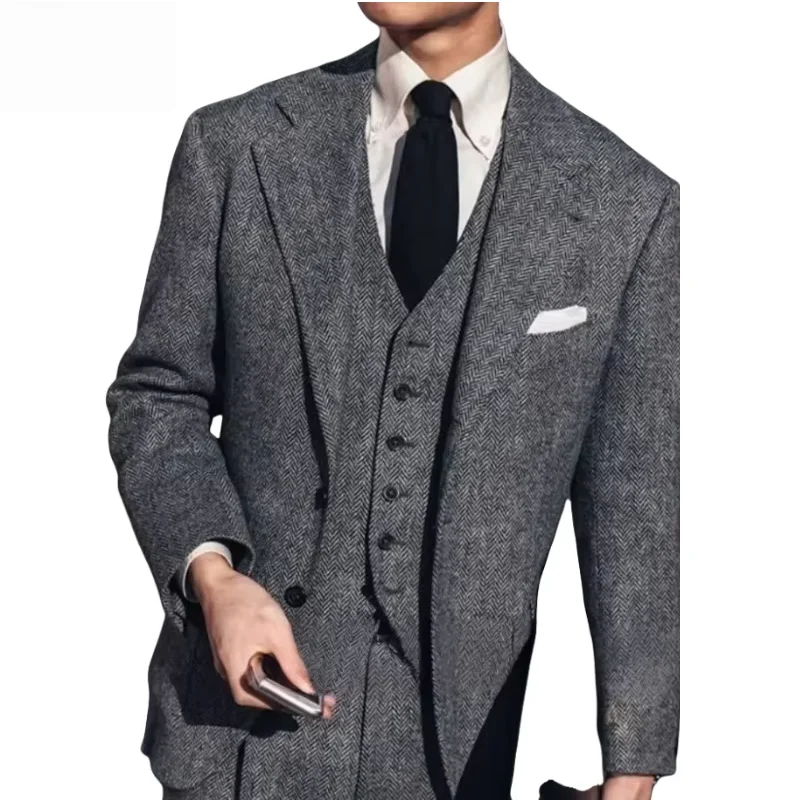 

"Elegant Dark Grey Men's Tweed Herringbone 3-Piece Suit | Slim Fit Wedding Prom Tuxedo Blazer + Vest + Pants | Business Formal