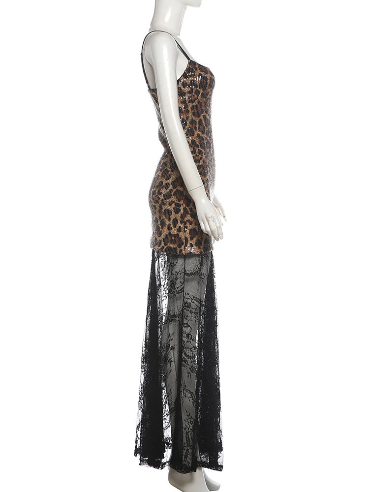 Weird Puss Leoparden-Paillettenkleid Damenmode, verführerisches Kleid mit eckigem Kragen, Spitzen-Patchwork-Saum, ärmellos, für Abendpartys und Clubs – Detail 5