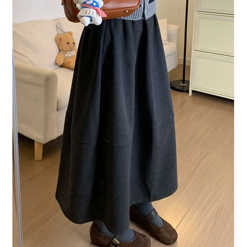 Vintage Faux Woolen Midi Skirt Women Casual Solid High Waist Loose Skirt Fall Winter Retro All Match Harajuku A Line Skirt New