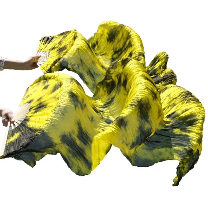 Preto amarelo cor misturada fãs de dança do ventre gravata artesanal tingida 100% leques de seda real 1 par 180x90cm feminino dança do ventre longo leques de seda