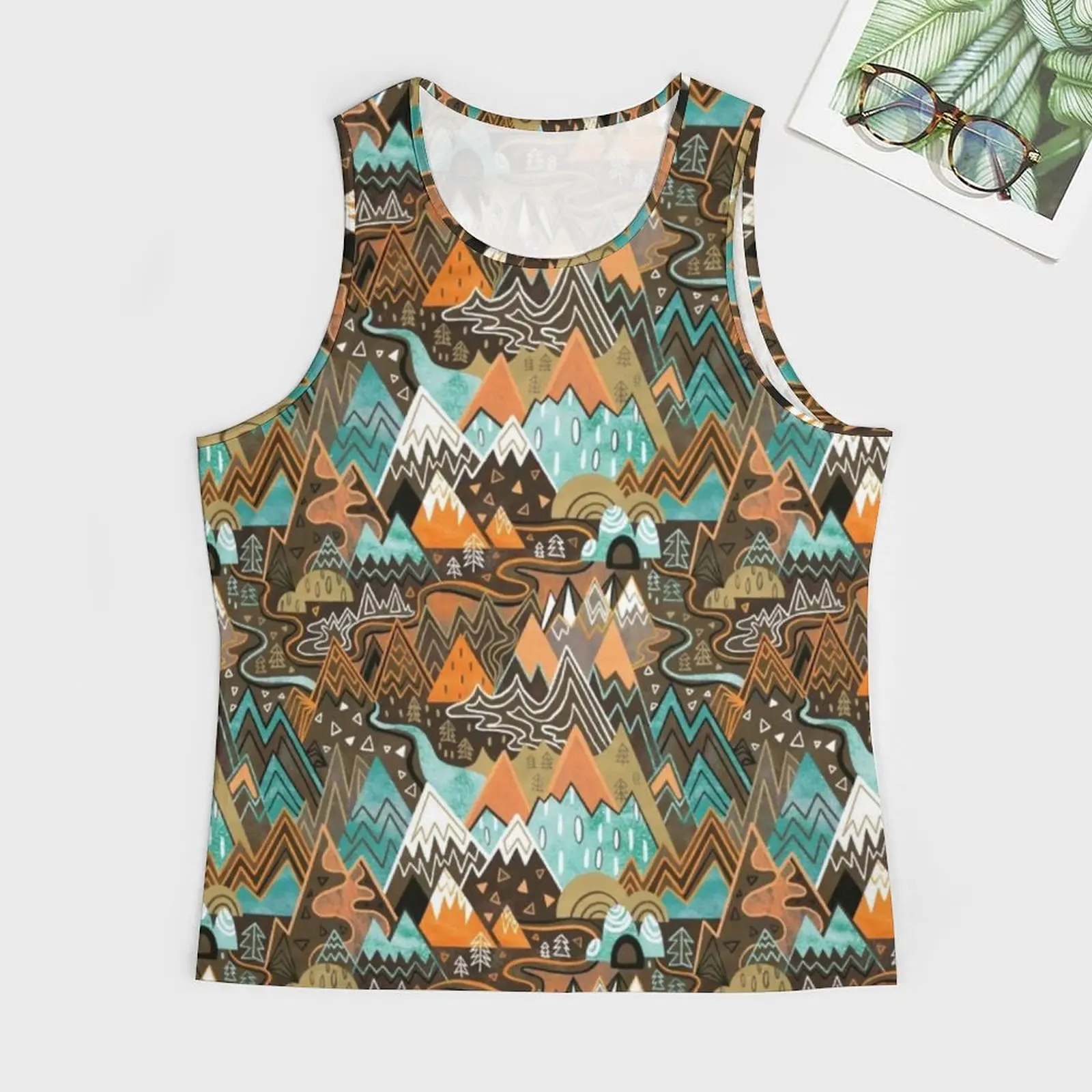 Vintage Mountains Tank Top Man Maximalist Mountain Maze Brown Mint Orange Fashion Tops Summer Gym Print Sleeveless Vests 4XL 5XL