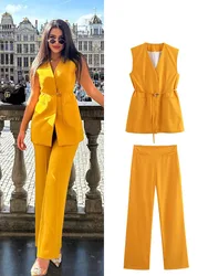 HH Women 2 Piece Set Sleeveless Pocket Belt V-Neck Decorate Vest Top+Solid Side Zip High Waist Loose Casual Wide Leg Pants