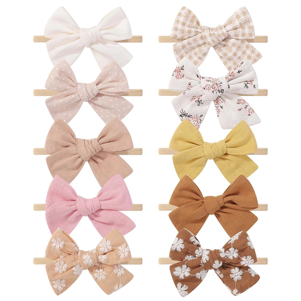 

10Pcs Baby Girls Embroidered Bowknot Headband Set Handemade Cotton Bows Hairpins Barrettes Toddler Kids Hair Accessories 3.54 in