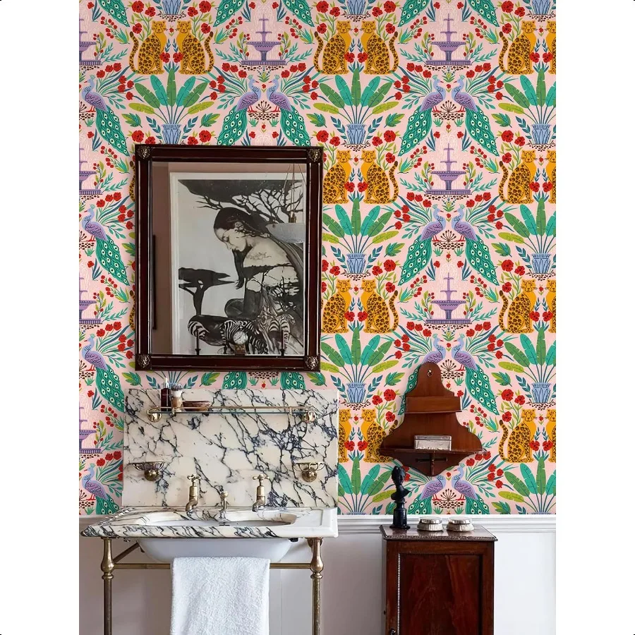Tapete zum Abziehen und Aufkleben, Leoparden-Dschungel-Tier-Tapete für Vermietung, abnehmbare Boho-Blatt-Tapeten für Badezimmer, selbstklebend, C
