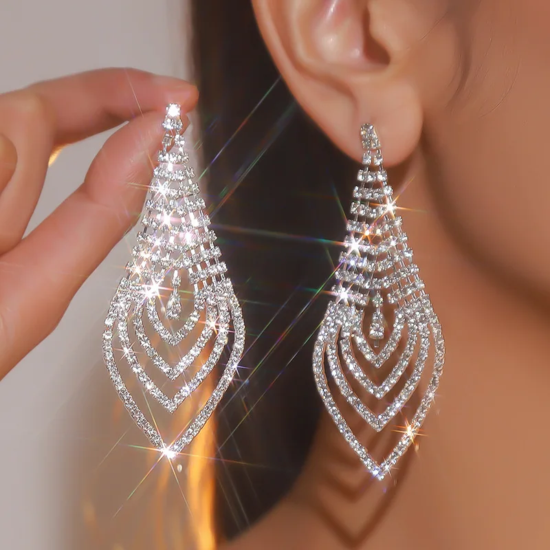 HOYON Fashion Luxury s925 Silver Color Long Tassel Women\'s Earrings Wedding Jewelry Exaggerated Full Diamond Geometry Earrings