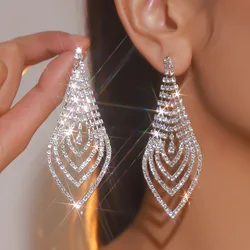 HOYON Fashion Luxury s925 Silver Color Long Tassel Women's Earrings Wedding Jewelry Exaggerated Full Diamond Geometry Earrings