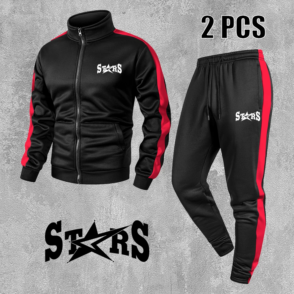 Men’s Athletic Set Zip Up Jacket And Pants With Star And Letter Prints Ideal For Daily Running Commute And Casual Sportswear