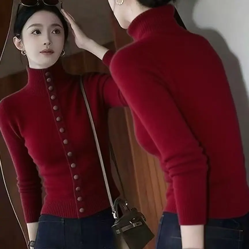 

Ladies Autumn Winter Knitted Sweater Base Shirt Fashionable European Style Yarn Dyeing Long Sleeve High Collar Regular Fit So...