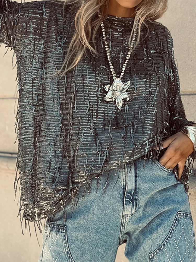 

Tassel Patchwork Fashion Simple Blouses, Women Spring Summer Long Sleeve Loose Tops, New O Neck Casual Solid Ladies Shirts Blusa