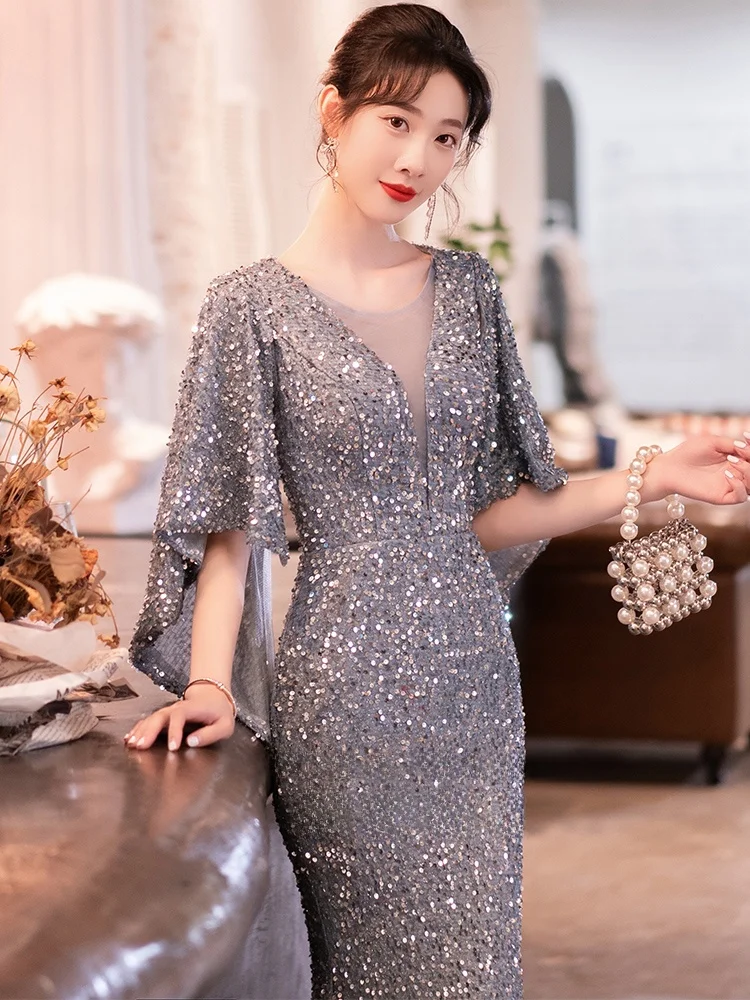 Elegant V-Neck Long Evening Gown Women's Birthday Party Ball Dress Sparkling Fish Tail Sequin High-End Luxury Elegant Sweet H... - view 4